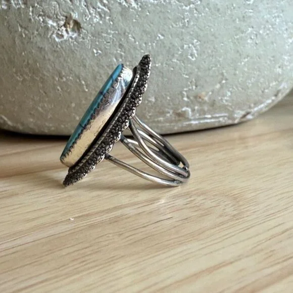 Vintage Turquoise Beau Sterling Silver Filigree Cabochon Bezel Ring Size 5 Adjus - Picture 3 of 9